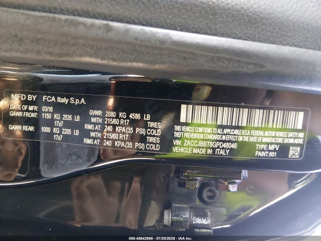 45642866 :رقم المزاد ، ZACCJBBT6GPD48046 vin ، 2016 Jeep Renegade Latitude مزاد بيع