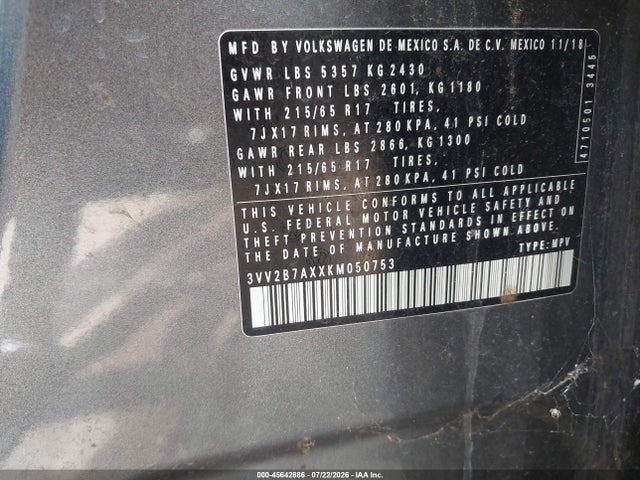 45642886 :رقم المزاد ، 3VV2B7AXXKM050753 vin ، 2019 Volkswagen Tiguan 2.0t Se/2.0t Sel/2.0t Sel R-line/2.0t Sel R-line Black مزاد بيع