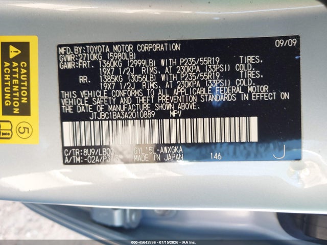 45642896 :رقم المزاد ، JTJBC1BA3A2010889 vin ، 2010 Lexus Rx 450h مزاد بيع