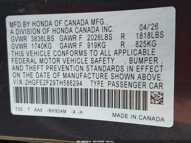 Honda Civic Lx 2026 2HGFE2F29TH586294 Image 9