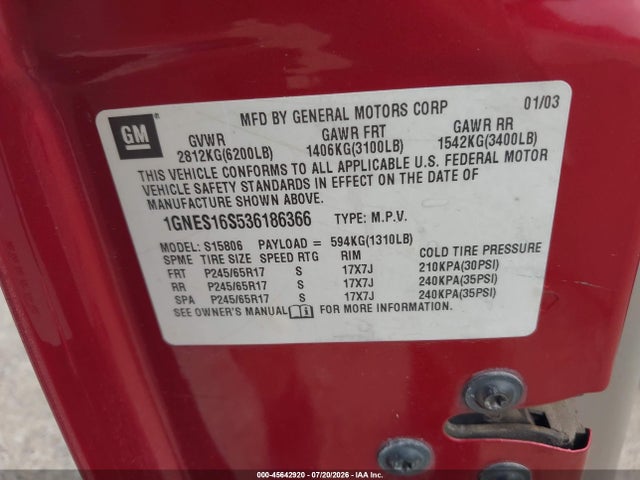 45642920 :رقم المزاد ، 1GNES16S536186366 vin ، 2003 Chevrolet Trailblazer Ext Lt مزاد بيع