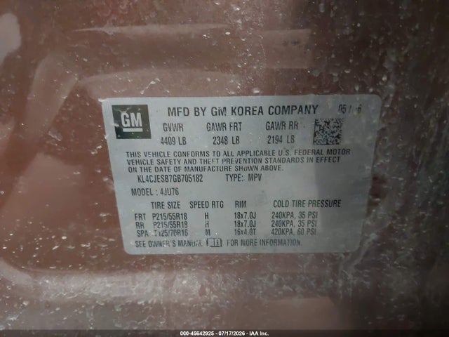 2016 Buick Encore მანქანა იყიდება აუქციონზე, vin: KL4CJESB7GB705182, აუქციონის ნომერი: 45642925