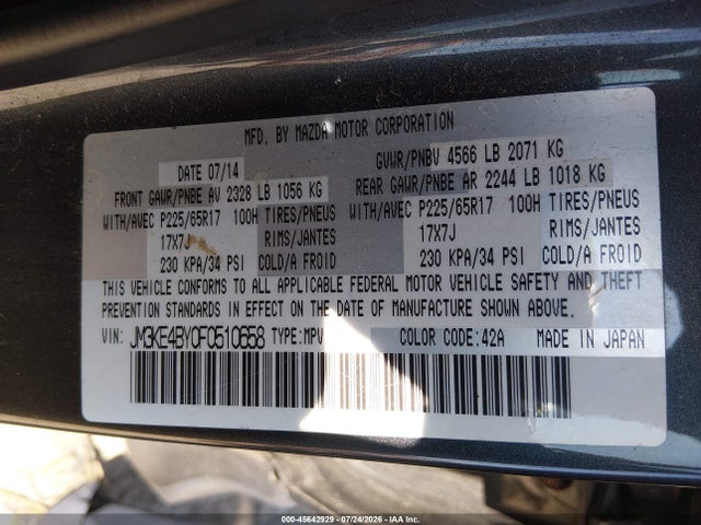 45642929 :رقم المزاد ، JM3KE4BY0F0510658 vin ، 2015 Mazda Cx-5 Sport مزاد بيع