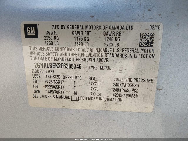 Chevrolet EQUINOX 1LT 2015 2GNALBEK2F6305346 Image 9
