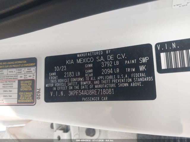 45642938 :رقم المزاد ، 3KPF54AD8RE718081 vin ، 2024 Kia Forte Gt-line مزاد بيع