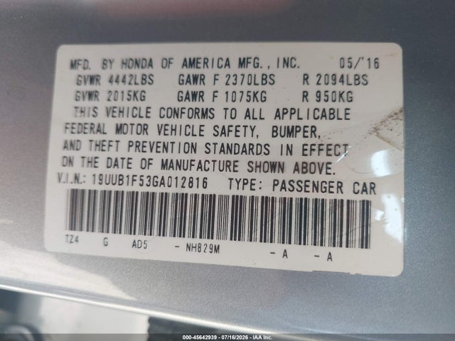 45642939 :رقم المزاد ، 19UUB1F53GA012816 vin ، 2016 Acura Tlx Tech مزاد بيع