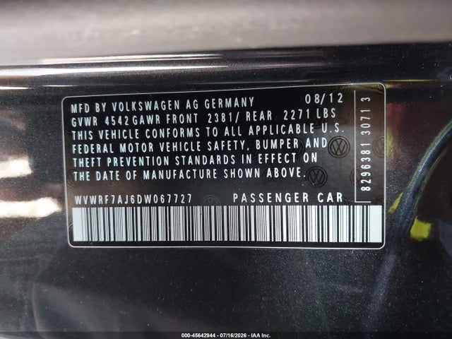 2013 Volkswagen Golf R 2-door მანქანა იყიდება აუქციონზე, vin: WVWRF7AJ6DW067727, აუქციონის ნომერი: 45642944