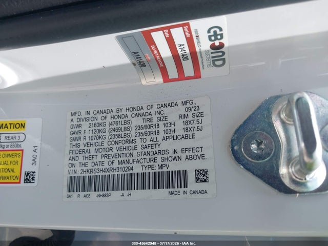 45642948 :رقم المزاد ، 2HKRS3H4XRH310294 vin ، 2024 Honda Cr-v Ex 2wd مزاد بيع