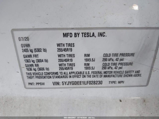 45642957 :رقم المزاد ، 5YJYGDEE1LF028230 vin ، 2020 Tesla Model Y Long Range Dual Motor All-wheel Drive مزاد بيع