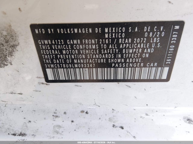 Продажа на аукционе авто 2020 Volkswagen Jetta 1.4t R-line/1.4t S/1.4t Se, vin: 3VWC57BU9LM093347, номер лота: 45642964