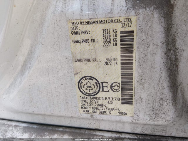 1N4AL3AP0JC163178 Nissan Altima 2.5 S/2.5 Sl/2.5 Sr/2.5 Sv