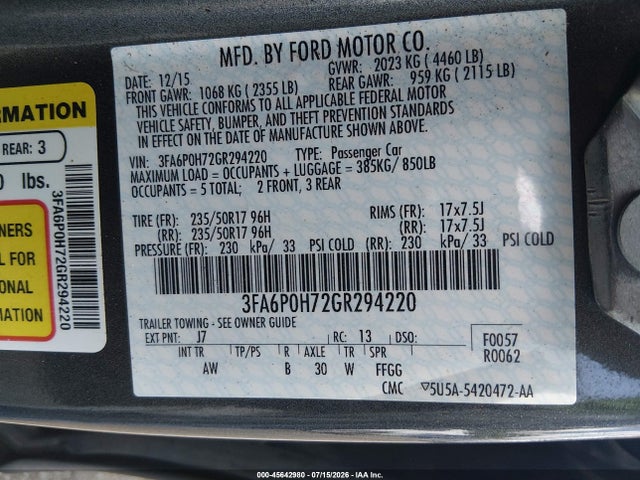45642980 :رقم المزاد ، 3FA6P0H72GR294220 vin ، 2016 Ford Fusion Se مزاد بيع