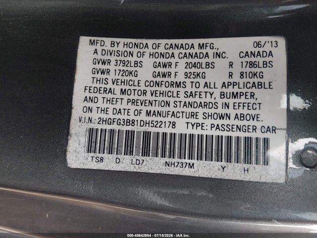 Aukcja sprzedaży 2013 Honda Civic Ex, vin: 2HGFG3B81DH522178, numer aukcji: 45642984