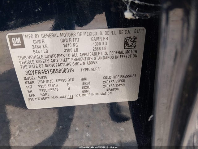 45642994 :رقم المزاد ، 3GYFNAEY9BS600019 vin ، 2011 Cadillac Srx Luxury Collection مزاد بيع
