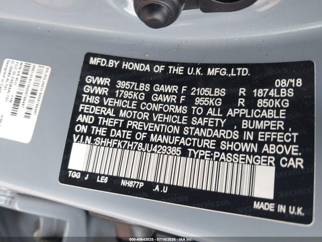 Aukcja sprzedaży 2018 Honda Civic Ex-l, vin: SHHFK7H78JU429385, numer aukcji: 45643025
