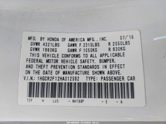 1HGCR2F12HA012592 Honda Accord Sport Se