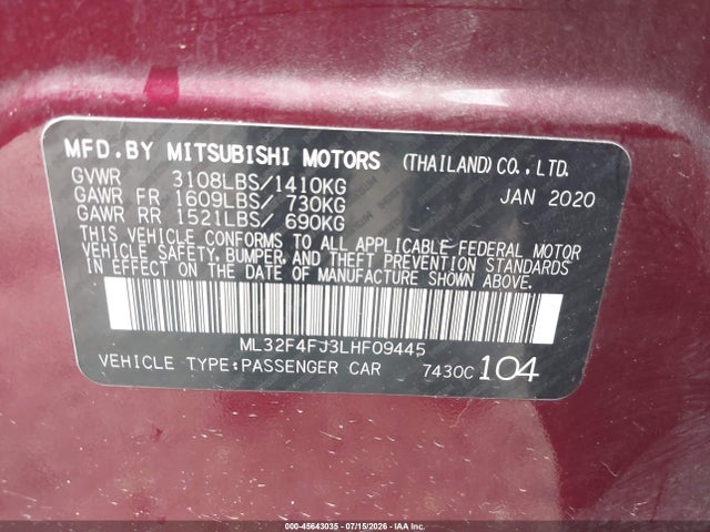 Продажа на аукционе авто 2020 Mitsubishi Mirage G4 Le, vin: ML32F4FJ3LHF09445, номер лота: 45643035