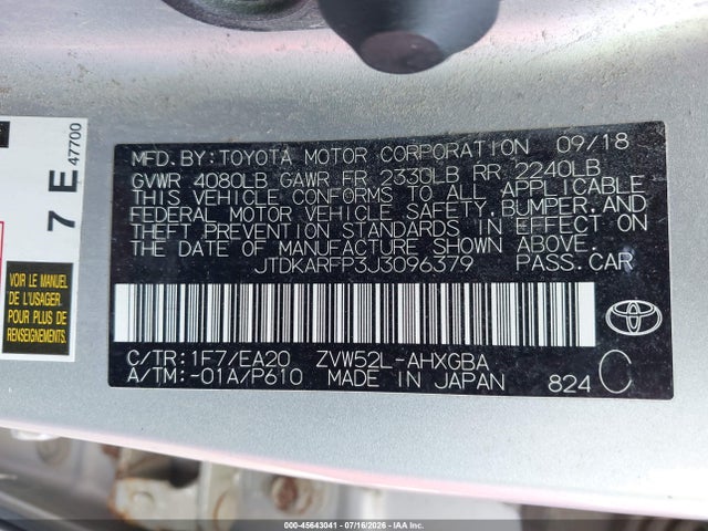 Aukcja sprzedaży 2018 Toyota Prius Prime Premium, vin: JTDKARFP3J3096379, numer aukcji: 45643041