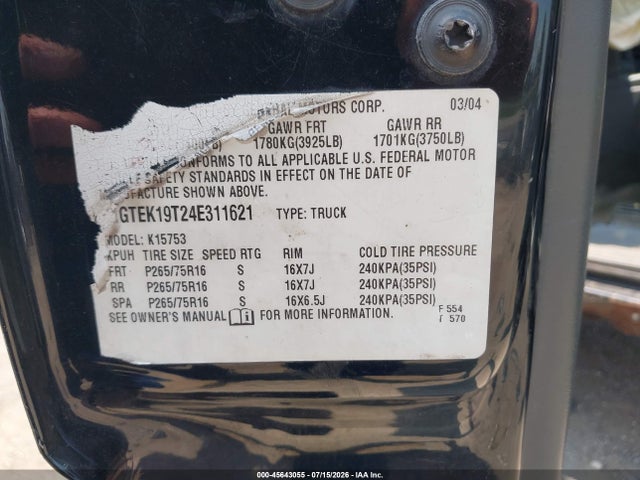 45643055 :رقم المزاد ، 1GTEK19T24E311621 vin ، 2004 Gmc Sierra 1500 Slt مزاد بيع