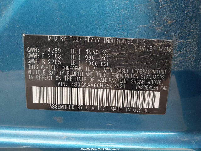 45643064 :رقم المزاد ، 4S3GKAA66H3602221 vin ، 2017 Subaru Impreza 2.0i مزاد بيع