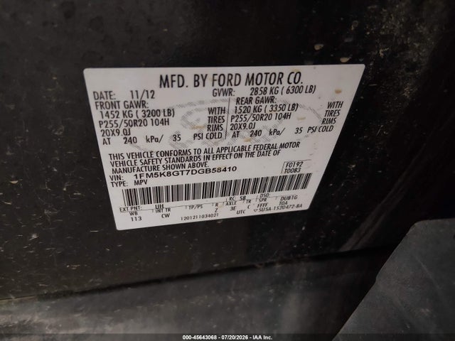 2013 Ford Explorer Sport მანქანა იყიდება აუქციონზე, vin: 1FM5K8GT7DGB58410, აუქციონის ნომერი: 45643068
