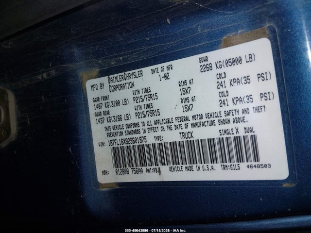 Продаж на аукціоні авто 2002 Dodge Dakota, vin: 1B7FL16X92S601975, номер лоту: 45643086