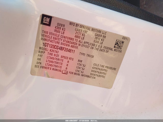 Продажа на аукционе авто 2011 Gmc Sierra 2500hd Sle, vin: 1GT120CG4BF204811, номер лота: 45643097