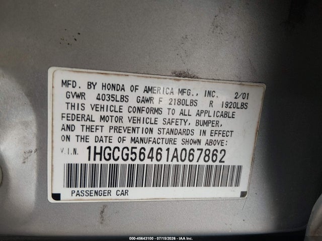 45643100 :رقم المزاد ، 1HGCG56461A067862 vin ، 2001 Honda Accord 2.3 Lx مزاد بيع