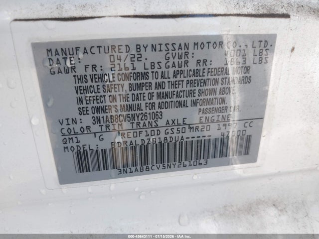 3N1AB8CV5NY261063 Nissan Sentra Sv Xtronic Cvt