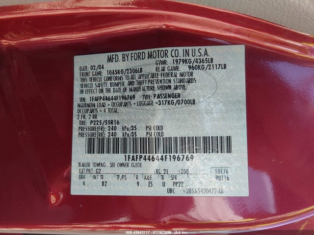 2004 Ford Mustang მანქანა იყიდება აუქციონზე, vin: 1FAFP44644F196769, აუქციონის ნომერი: 45643117