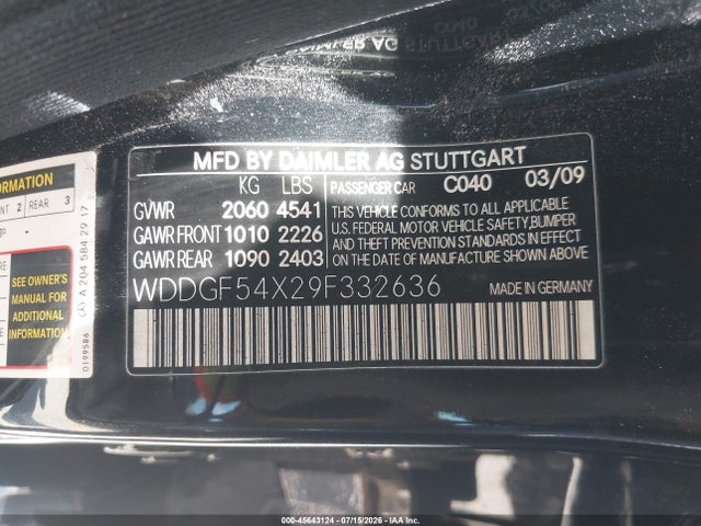 2009 Mercedes-benz C 300 მანქანა იყიდება აუქციონზე, vin: WDDGF54X29F332636, აუქციონის ნომერი: 45643124