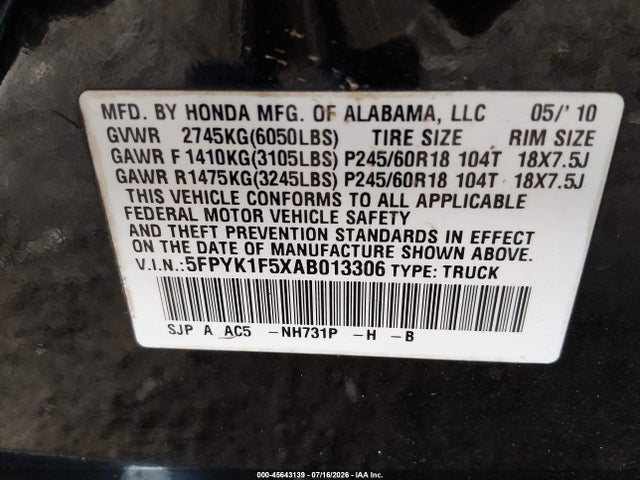 45643139 :رقم المزاد ، 5FPYK1F5XAB013306 vin ، 2010 Honda Ridgeline Rtl مزاد بيع