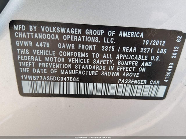 45643141 :رقم المزاد ، 1VWBP7A35DC047564 vin ، 2013 Volkswagen Passat 2.5l Se مزاد بيع