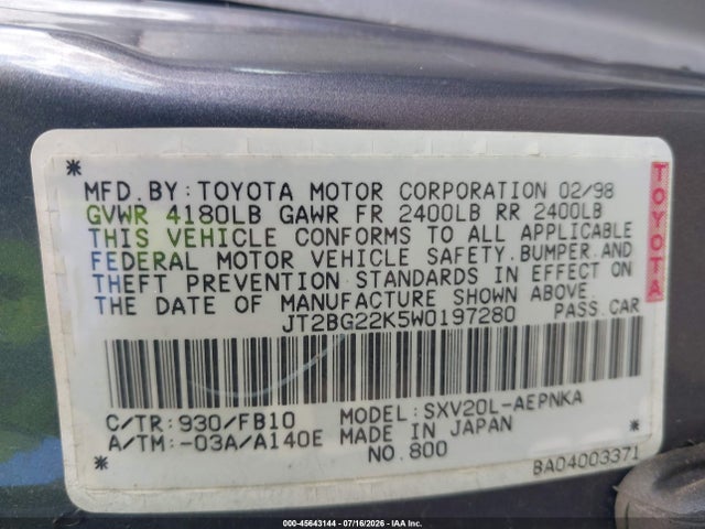 Продаж на аукціоні авто 1998 Toyota Camry Ce/le/xle, vin: JT2BG22K5W0197280, номер лоту: 45643144