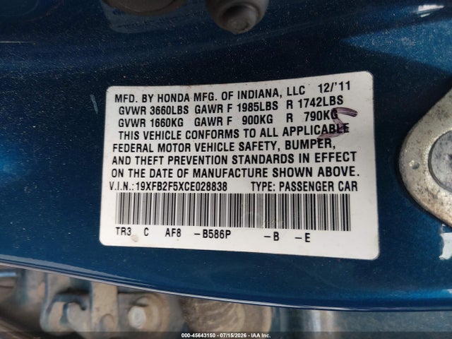 Aukcja sprzedaży 2012 Honda Civic Lx, vin: 19XFB2F5XCE028838, numer aukcji: 45643150