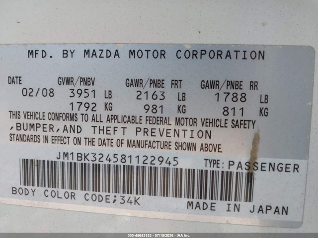 2008 Mazda Mazda3 S Touring მანქანა იყიდება აუქციონზე, vin: JM1BK324581122945, აუქციონის ნომერი: 45643153