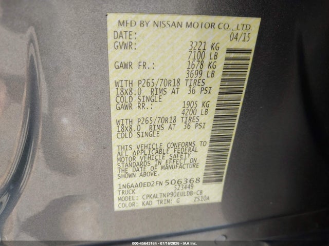 Nissan TITAN SV 2015 1N6AA0ED2FN506368 Image 9