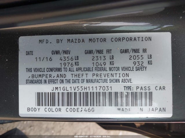 Aukcja sprzedaży 2017 Mazda Mazda6 Touring, vin: JM1GL1V55H1117031, numer aukcji: 45643191