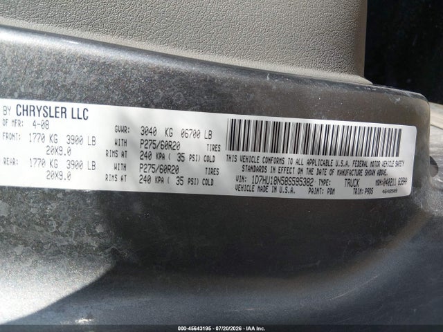Продажа на аукционе авто 2008 Dodge Ram 1500 Slt, vin: 1D7HU18N58S595382, номер лота: 45643195