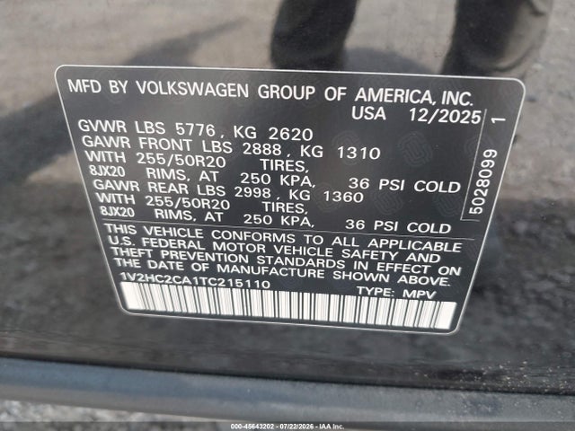 2026 Volkswagen Atlas Cross Sport Se With Technology მანქანა იყიდება აუქციონზე, vin: 1V2HC2CA1TC215110, აუქციონის ნომერი: 45643202