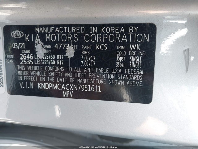 45643210 :رقم المزاد ، KNDPMCACXN7951611 vin ، 2022 Kia Sportage Lx مزاد بيع