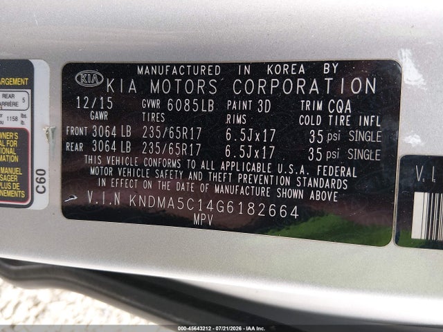 Продажа на аукционе авто 2016 Kia Sedona L, vin: KNDMA5C14G6182664, номер лота: 45643212