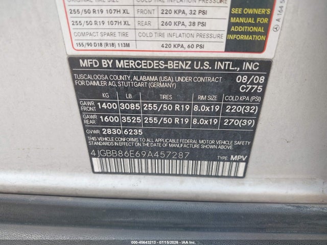 Auction sale of the 2009 Mercedes-benz Ml 350 4matic, vin: 4JGBB86E69A457287, lot number: 45643213