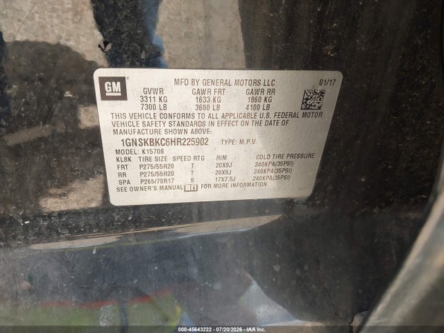 Продажа на аукционе авто 2017 Chevrolet Tahoe Lt, vin: 1GNSKBKC6HR225902, номер лота: 45643222