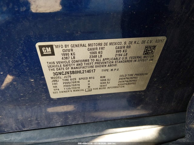 3GNCJNSB8HL214617 Chevrolet TRAX LS