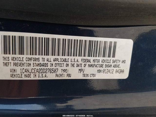 Продаж на аукціоні авто 2013 Jeep Compass Latitude, vin: 1C4NJCEA2DD276507, номер лоту: 45643233