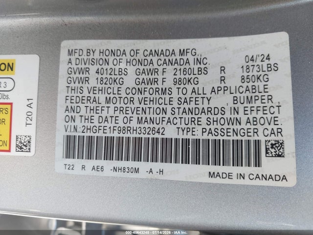 2HGFE1F98RH332642 Honda Civic Touring