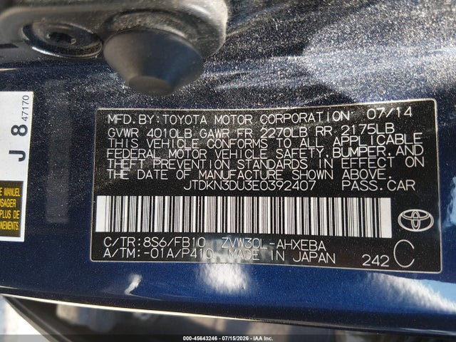 Toyota Prius Two 2014 JTDKN3DU3E0392407 Image 9