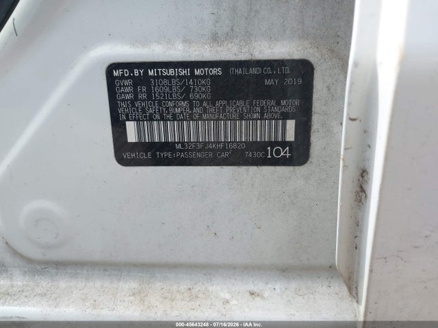 Aukcja sprzedaży 2019 Mitsubishi Mirage G4 Es/rf, vin: ML32F3FJ4KHF16820, numer aukcji: 45643248