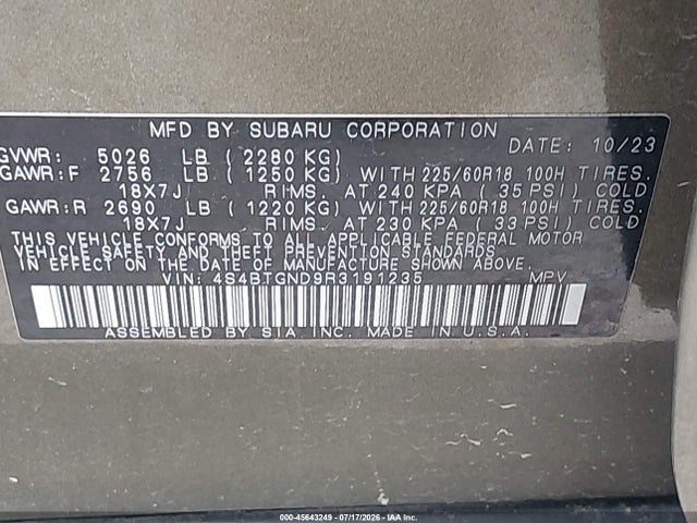 2024 Subaru Outback Limited Xt მანქანა იყიდება აუქციონზე, vin: 4S4BTGND9R3191235, აუქციონის ნომერი: 45643249